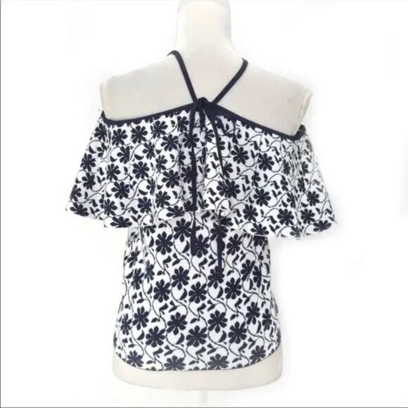 Club Monaco White & Navy Rowlen Blue Floral‎ Off Shoulder Knit Women's Top Small - Picture 2 of 14
